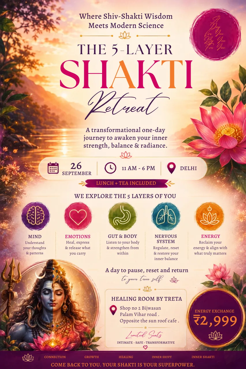 The 5-Layer Shakti Retreat poster — a one-day workshop exploring Mind, Emotions, Gut & Body, Nervous System, and Energy, held at Healing Room by Treta, Delhi, with an image of Ardhanarishvara (half Shiva, half Shakti)