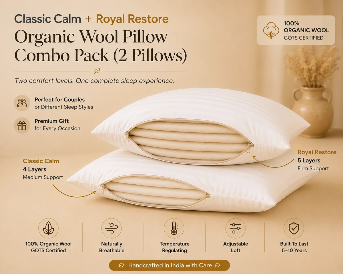 The Classic Calm and Royal Restore organic wool pillows together as a mixed combo pack