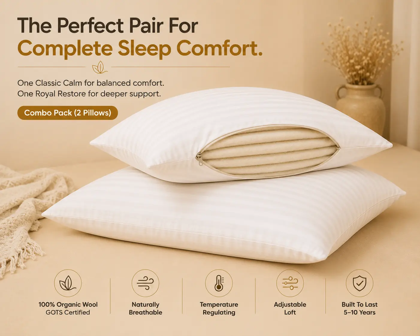 Two Royal Restore organic wool pillows sold together as a combo pack