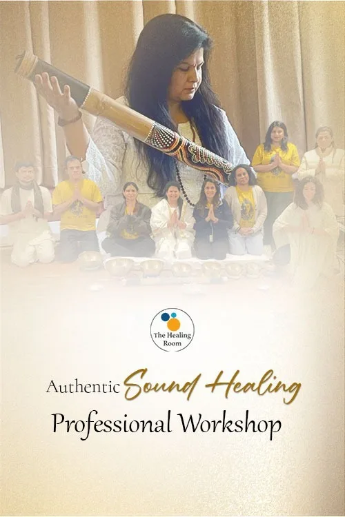 Authentic Sound Healing Professional Workshop poster by The Healing Room, showing a group sound healing session with didgeridoo and singing bowls