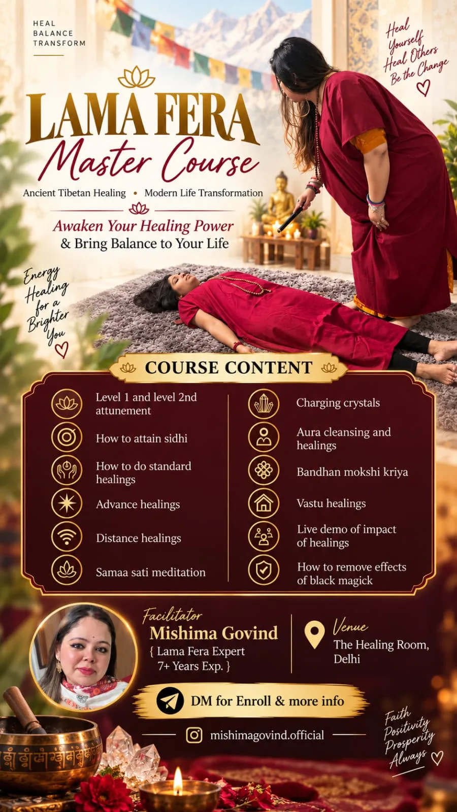 Lama Fera Master Course poster with facilitator Mishima Govind, covering ancient Tibetan healing techniques, at The Healing Room, Delhi