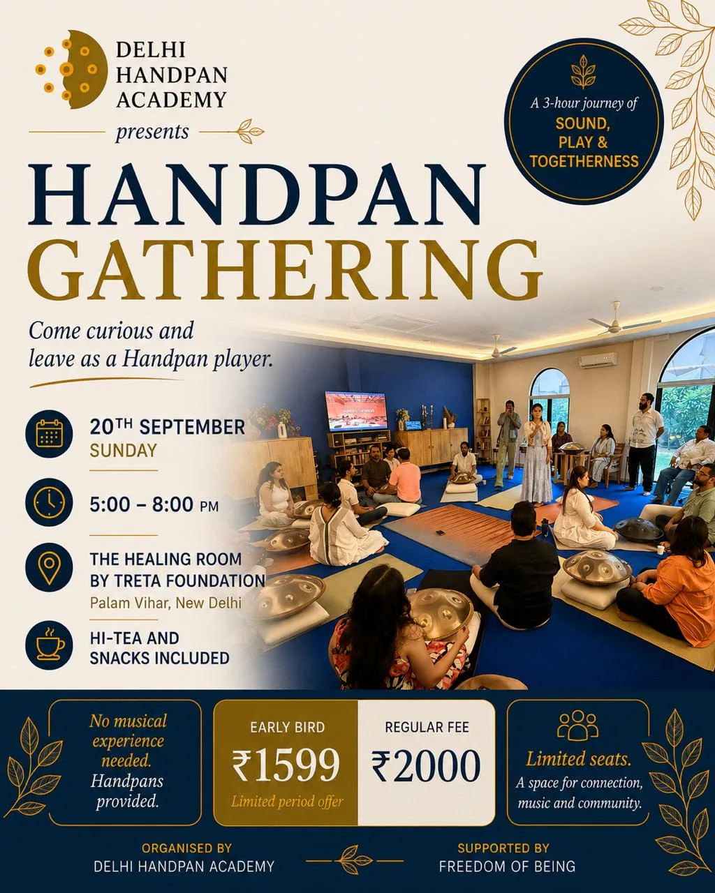 Handpan Gathering poster by Delhi Handpan Academy, a 3-hour sound and community event at The Healing Room by Treta Foundation, Delhi, showing a group handpan session