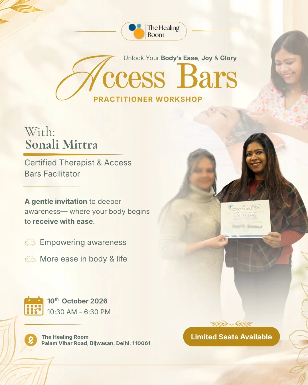 Access Bars Practitioner Workshop poster with Sonali Mittra, Certified Therapist & Access Bars Facilitator, at The Healing Room, Delhi