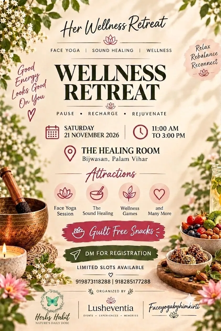 “Her Wellness Retreat poster — a wellness retreat featuring face yoga, sound healing, and wellness games, at The Healing Room, Bijwasan, Palam Vihar, Delhi”