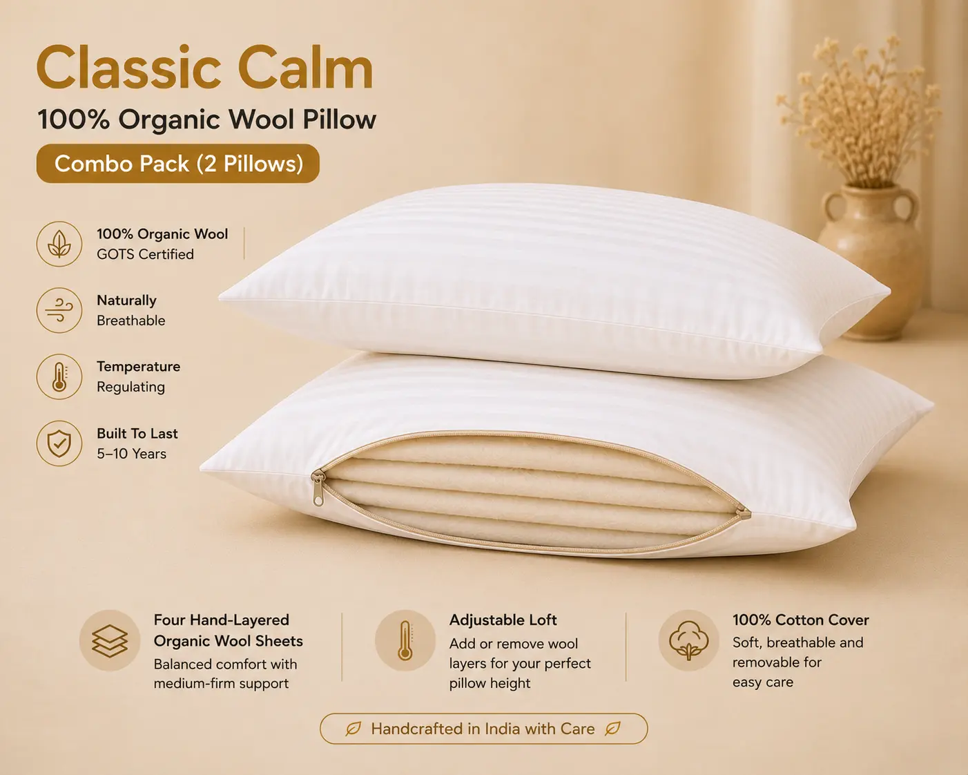 Classic Calm Organic Wool Pillow – Combo Pack (2 Pillows)